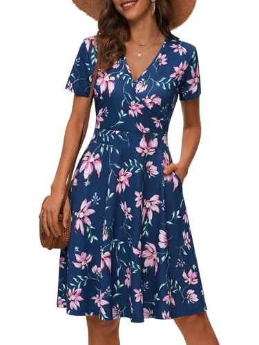 Image of MSBASIC Womens Summer Wrap V Neck Casual Dresses Floral Short Sleeve A-Line Midi Sundress