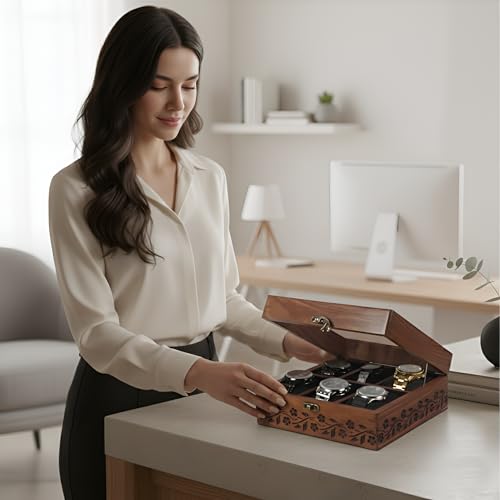 Image of Vintage Wooden Watch Box for Men, Timepiece Storage & Organizer, Watch Display Case, Jewelry Box for Women, Anniversary Gift for Husband (6 Grooves Engraved (Rosewood))