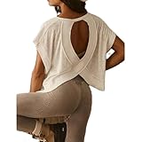 Going Out Tops for Women Cutout Open Back Summer Crop Top Loose Fit Short Sleeve Tee Shirts Workout Beach Covers, White, Small