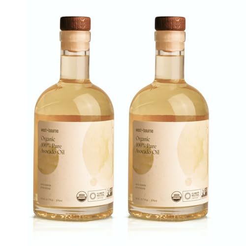 west~bourne Pure Avocado Oil in Glass Bottles (2 Pack, 12.7 Fl oz ) – 100% Organic, High Smoke Point Cooking Oil, Multipurpose, USDA Certified & Non-GMO – Vegan, Gluten-Free, Kosher & Paleo Friendly, 375 ml each