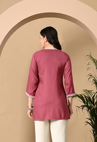 Image of LIBOZA Women's Chikankari Embroidered Short Kurti, Rayon Fabric, Three-Quarter Sleeves, Available in Pink, Black, Mustard Yellow, White, Pista and Green