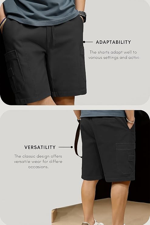 Image of Men's 100% Pure Cotton Cargo Shorts | Regular Fit Knee Length Utility Shorts with Multiple Pockets | Casual Outdoor Summer Wear Shorts for Men