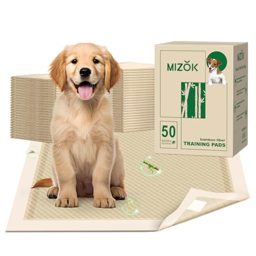 Image of MIZOK Puppy Pads Small 22x22 Pee Pads for Dogs Bamboo Odor Eliminating & 6-Layer Absorbent Leak-Proof Dog Pee Pads Potty Training with Adhesive Tabs, Disposable (50 Counts)