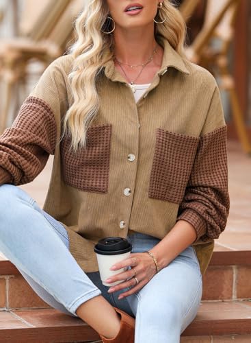 Astylish Womens 2024 Corduroy Shacket Color Block Waffle Jackets Casual Long Sleeve Button Down Shirts Coat4