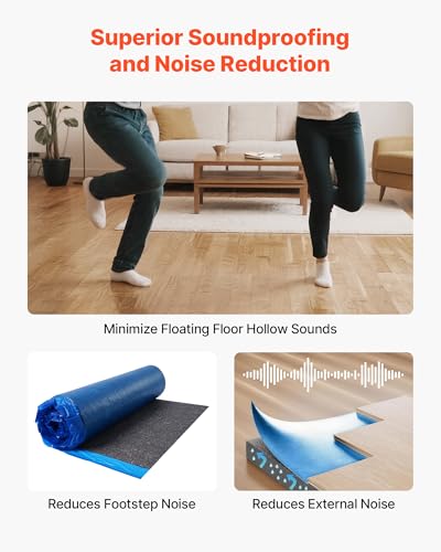 Image of VEVOR Floor Underlayment 400 sq. ft, 3mm Laminate Flooring Padding with Attached Vapor Barrier, Heavy Duty Fiber+PE Film, Soundproofing & Noise Reduction for Vinyl & Wood(2 Rolls x 200 sq. ft)