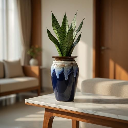 Image of Ceramic Flower Pots for Garden | Big Size Planters for Home Decor, Living Room, Balcony & Office | Multi Utility Vase Gamla for Indoor Outdoor Plants (Hand-Painted, Blue, 10 Inch)