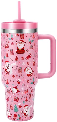 Skywerc Christmas Tumblers Gifts for Women Girls, 40 oz Christmas Tumbler with Handle and Straw, Xmas Stainless Steel Insulated Travel Mug Cup, Keep Cold for 34 Hours (Pink Funny Santa)