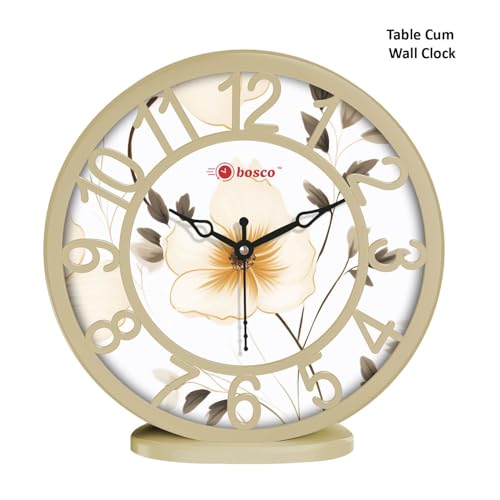Image of Bosco Analog Non Ticking Silent, Delicate Floral Print in Beige Colour, 20 CM Table Cum Decorative Round Wall Clock for Home, Living Room, Bed Room, Office and Kitchen | BWC-1210