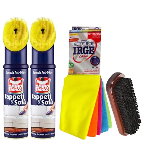 Omino Bianco Pulitore Per Tappeti E Sofà, 2 Confezione Da 300Ml+ Pacco 7 Pezzi Panni Microfibra 30X40 + Spazzola Pulizia Tappeti