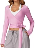 FEOYA Haut Cache CœUr pour Femme De Ballet à Manches Longues Noué sur Le Devant Yoga Pilates Haut De Gymnastique Dancewear Rose M