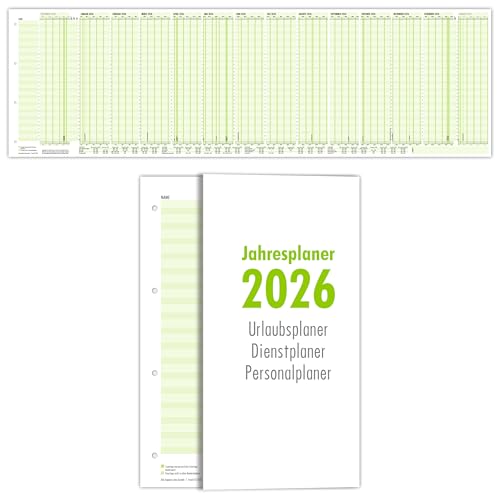 Primus Print – 1x Jahresplaner Urlaubsplaner Personalplaner Dienstplaner 2026 – faltbar, gefalzt, gelocht im Format 980x297 mm – Wandkalender 14 Monate inkl. Ferien und Feiertage - 34 Mitarbeiter (1)