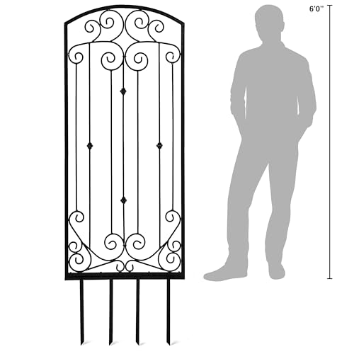 Image of H Potter Scroll Garden Trellis 72 inch H, Freestanding Heavy Duty Iron, Black | Ground spikes included. Durable powder-coated finish. Supports climbing roses, clematis, ivy and vines.