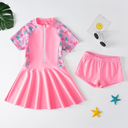 Image of FYMNSI Toddler Girls Swimsuit Short Sleeve Swimdress + Shorts Two Piece Bathing Suits for Teens Beachwear Swimwear 2-12 Years