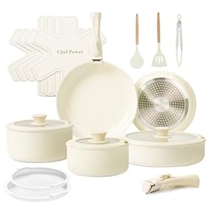 Ceramic Nonstick Cookware Set 19 Piece with Detachable Handle, Induction Dishwasher Oven Safe Pans and Pots Set, RV Kicthen Set Removable Handle, Cream White