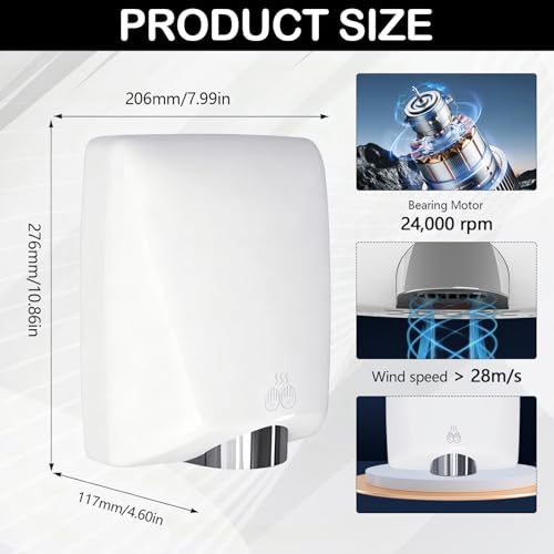 Händetrockner, 1600 W Trockner für Hand mit hohen Luftgeschwindigkeit von 30 m/s Automatischer Elektrischer Händetrockner zur Wandmontage mit Temperatursensors und Infrarotsensor für Küche Toiletten