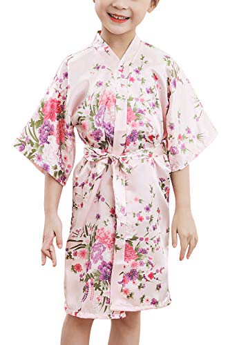 Qemsele Kinder Mädchen Morgenmantel Kimono Satin Nachtwäsche Bademantel Robe Kirsche Blume Negligee Schlafanzug Schwimmen Hochzeit Geburtstag (Größe 12 für Höhe 130-145CM (51"-57"), Pink) Cover