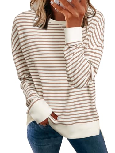 Simplee Womens Oversized Sweatshirt Long Sleeve Crewneck Striped Sweatshirt 2024 Fall Air Essentials Pullover Tops Brown,S