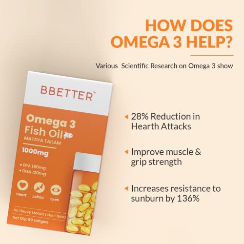 Image of BBETTER Omega 3 Fish Oil Capsules 1000mg | Lab Tested Fish Oil Capsules | Lab Report Attached | High Absorption for Heart, Joints, Eyes & Brain | No Fishy Burps |180 EPA :120 DHA | 180 Softgels
