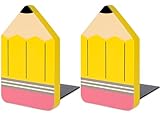 Whaline 2Pcs Pencil Shaped Wood Bookends Back to School Wood Bookends Yellow Pencil Wooden Book Stands Cute Non Skid Book Stoppers for Heavy Books Home Office School Library Kitchen