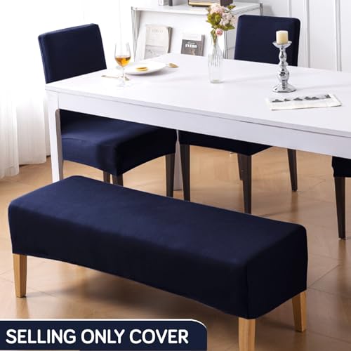 Image of HOKIPO 'SereneSolids' 140 GSM Polyester Blend Cover Set for 4 Dining Chairs + 1 Dining Bench, Navy Blue (AR-6282-NBL)