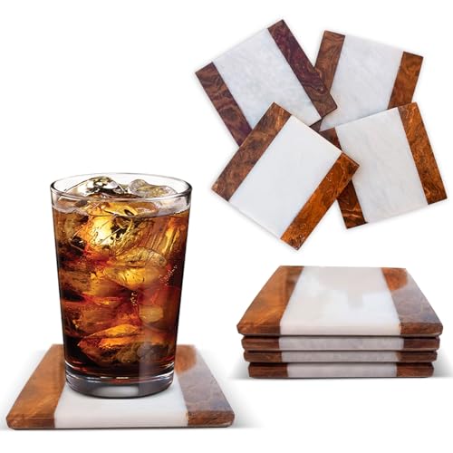 Homeware - Juego de 4 posavasos de mármol con acabado brillante y base de corcho para decoración elegante, tamaño: 9 x 9 cm (blanco y marrón)