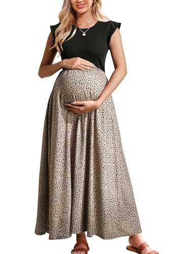 41ZOTgybq2L OUGES Women 2025 Spring Summer Floral Maxi Dresses Maternity Clothes Casual Long Fashion Photoshoot Dress with Pockets(Floral A,L)