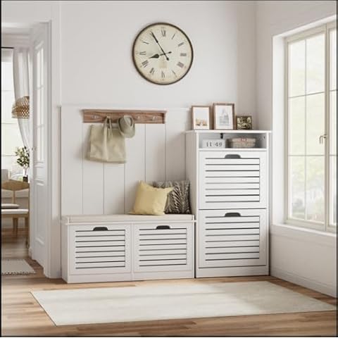 TENNTOU Shoe Storage Set, Shoe Cabinet with 2 Flip Drawer & Top Cubby, Shoe Bench with 2 Flip Drawers & Seat Cushion for Entryway, Hallway, Bedroom Cover