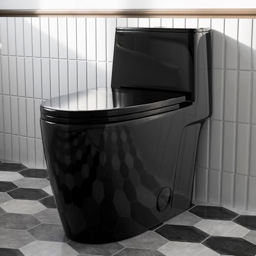 Black Toilet with Rimless Swirl Flush Los Flexi 17.3 ADA Modern Elongated One Piece Toilets For Bathrooms Dual Flush 1.0/1.28 GPF Comfort Chair Height Soft-Close Black Toilet Seat & 12 Rough-In