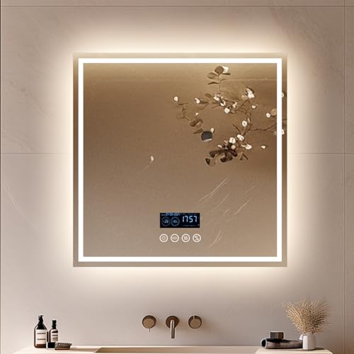 LUVODI Miroir Salle de Bain LED 80cm Avec Bluetooth 5.2, Horloge, Éclairage Intégré, Rétroéclairage, 4 Boutons, Gradable, Connecté, 3 Couleurs, IP65, Mémoire Antibuée