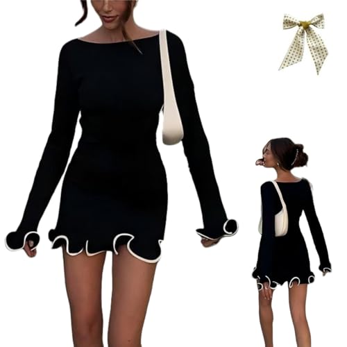 Generisch Women's Contrast Binding Flounce Sleeve Dress,Elegant Long Sleeve Ruffle Hem Short Dress,Boat Neck Slim Fit Party Mini Dress