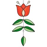 MintyWiz Vintage Flower Stained Glass Window Hanging, Mid Century Tulip Suncatcher, Modern Art with Folk Design, Handmade Sun Catcher Gifts for Plant Lovers, 9.4' x 4.7'