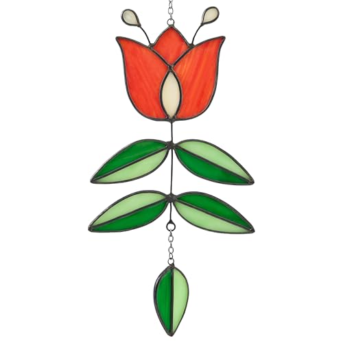 MintyWiz Vintage Flower Stained Glass Window Hanging, Mid Century Tulip Suncatcher, Modern Art with Folk Design, Handmade Sun Catcher Gifts for Plant Lovers, 9.4' x 4.7'