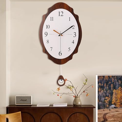 COSLIFE Reloj de pared vintage con esfera blanca y marco de nogal, diseño de péndulo acrílico silencioso para decoración moderna del hogar (13 x 13 pulgadas)