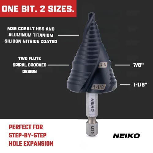 Image of NEIKO 10629B Step Drill Bit, 2 Steps 7 /8 inch to 1-1 /8 inch Spiral M35 Cobalt, AlTiSiN Coated, 1 /4 inch Quick Change Step Bits for Steel, Metal, Wood, Plastic, Unibit Cone Drill Bits, Two Flute