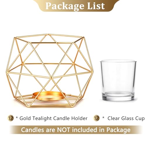 Hewory Geometric Tealight Candle Holders Gold, Modern Metal Geo Wedding Centerpieces for Table, Votive Candle Stand Accent for Tea Light for Home Shelf Mantel Christmas Birthday Party Decor, 12pcs by Hewory - Image 7
