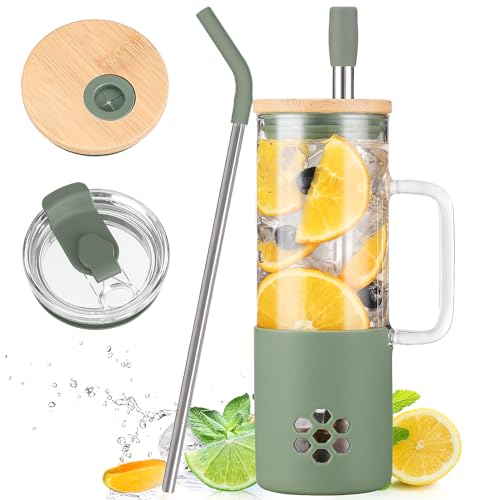 BLUEGO 600ml Glass Cups with 2 Lids and Handle, Cute Glass Tumbler with Straws and Silicone Sleeve, Iced Coffee Cup, 0.6L Smoothie Tumbler, Reusable Bubble Tea Cup,Travel Mug,Oliver