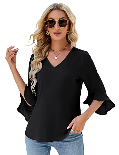 Qirno Chiffon Blouses for Women Ruffle 3/4 Sleeve Dressy V Neck Casual Flowy Tunic Tops3