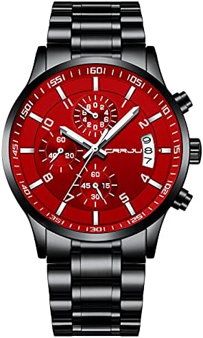 CRRJU Brand Men's Business Casual Chronograph Quartz Waterproof Wristwatch Black Stainless Steel Strap
