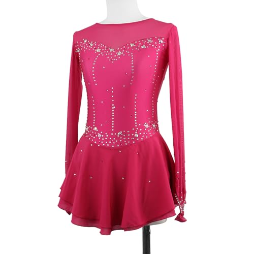 DIJITOO Vestido de patinação artística, fantasia de competição de manga comprida com strass, collant
