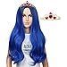 Wig and Crown Set Long Wavy Cosplay Wig for Halloween Costumes and Party (Dark Root Blue)