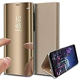 QIVSTARS Case for Samsung Galaxy A32 5G Cool Style Clear View Window Electroplate Plating Stand Scratchproof Full Body Protective Flip Slim Cover for Galaxy A32 5G PU Mirror:Golden QH