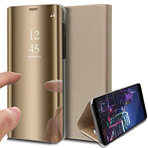 QIVSTARS Case for Samsung Galaxy A32 5G Cool Style Clear View Window Electroplate Plating Stand Scratchproof Full Body Protective Flip Slim Cover for Galaxy A32 5G PU Mirror:Golden QH