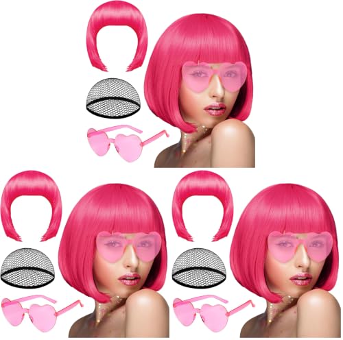 Image of PLULON Peach Pink-Color Bob Wig and Sunglass Set, Neon Short Bob Wig Sunglass Pack Costume Colorful Cosplay Wig Hairpieces for Bachelorette Neon Party Favors, Halloween Decorations (Pack of 3)