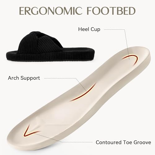 Women’s Corduroy Slippers, Open Toe Crossband House Shoes, Cozy Cushioned Foam Indoor Outdoor Non-Slip Bedroom Slippers, Gift for Women3