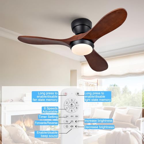 Image of 36 Inch Wood Flush Mount Ceiling Fans with Lights and Remote, Dimmable 3 Blade Wood Bedroom Ceiling Fan with Lights Low Profile Ceiling Fans with Light Outdoor Ceiling Fan for Patios Bedroom