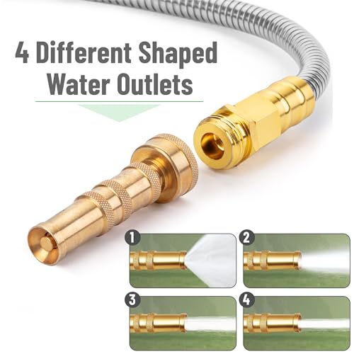 UNCO- Stainless Steel Metal Hose with 4 Function Brass Nozzle, 50 ft, No Kink, Metal Garden Hose