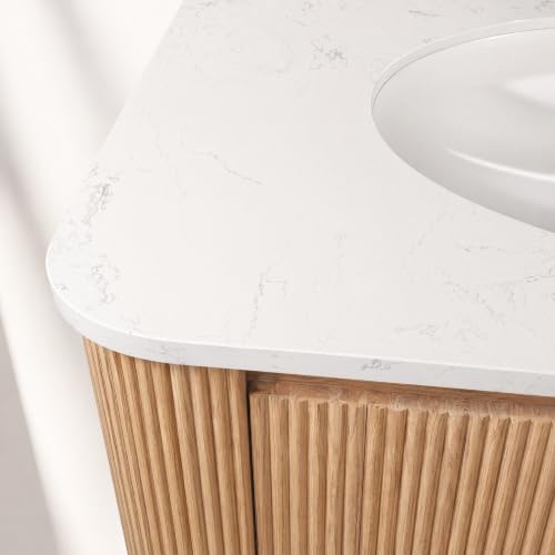 Image of 36 Inch Wall Mounted Bathroom Vanity with Ceramic Sink, Pre-Assembled Floating Vanity Cabinet with Cararra Artificial Countertop, Wave Texture Finish & Drawer, Wood
