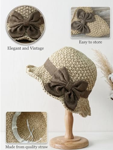 Sombrero de paja tejido con moño para mujer miniatura 6