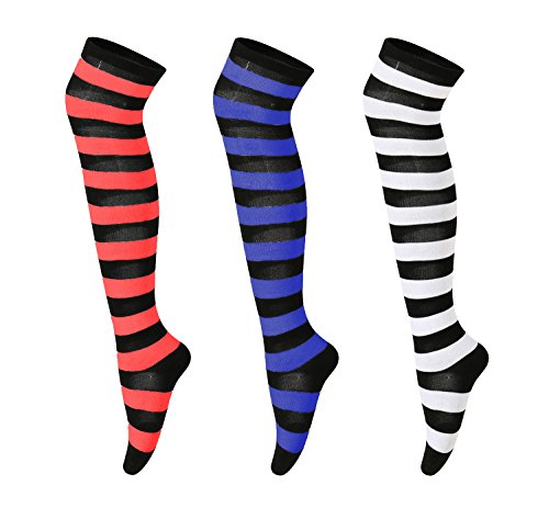 Beautifulfashionlife Long Opaque Zebra Stripe Socks Leggings Stocking 8 Colors (9.51.5'', Red blue white stripe - 3 pairs)
