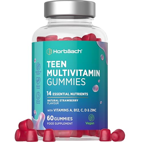 Multivitaminas Gominolas Adolescentes | Teen Balance | 14 nutrientes esenciales con Biotina, Zinc, Ácido Fólico, Vitamina C, Vitamina B12 y más! | Para adolescentes 13+ | Sabor a Fresa | Horbaach